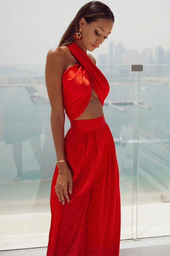 Palazzo Pantalon Conjunto Playa Rojo Elegante Top Jumpsuit Rojo Lisa S (Usado)
