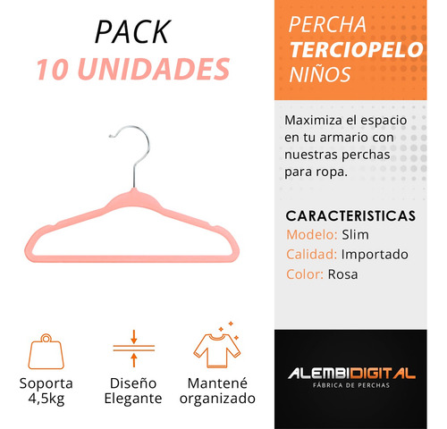 Percha Felpa Terciopelo Antideslizantes Niños X 10 Rosa