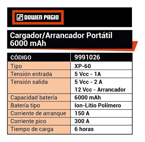 Cargador Arrancador Portátil Dowen Pagio Xp-60 9991026