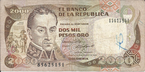 Colombia  2000 Pesos Oro 17 Diciembre 1986  Imprenta Bogotá