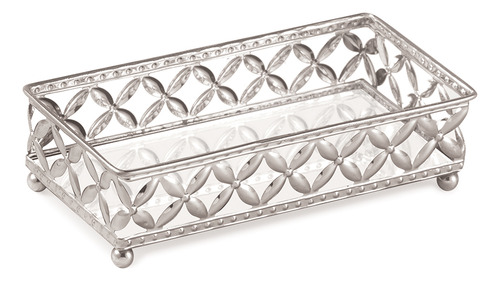 Bandeja Decorativa Retangular Metal Prata Com Espelho 5x18cm