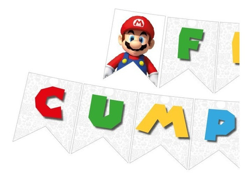 Imagen 2 de 4 de Banderín Feliz Cumpleaños-banderín Mario Bros-banner Cumple