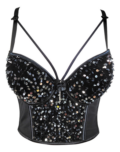 Bustier Crop Negro Bordado Con Lentejuelas Y Terciopelo