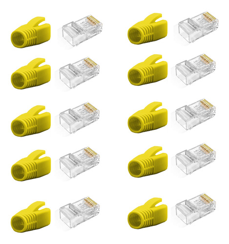 Ficha Conector Rj45 Cat 6 + Capuchones Amarillos - Pack X10