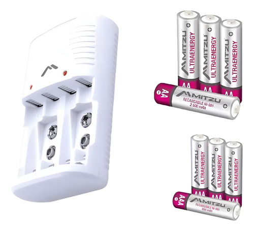 Cargador Pilas Mitzu Con Baterías Recargables 4 Aa + 4 Aaa