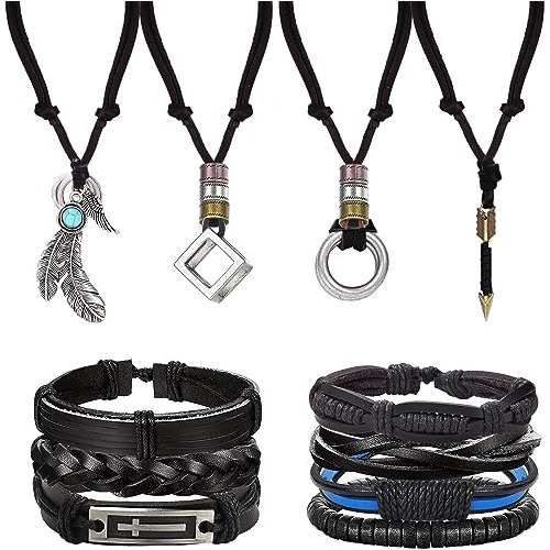 Conjunto De Collar Y Pulsera De Cuero Para Hombre