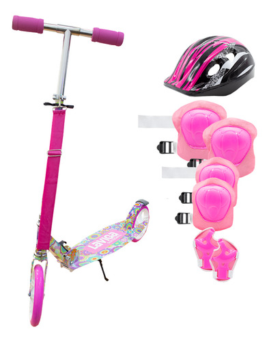 Scooter Patín Plegable Para Niñas Y Niños + Protecciones Color Rosa Floreado