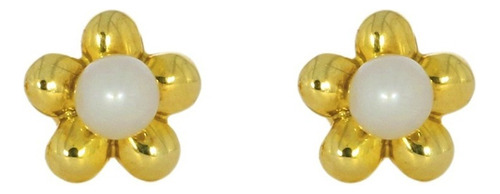 Aretes Flor Oro 14k Con Perla Stellina Bebés Color Dorado