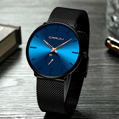 Relógio Masculino Com Pulseira Preta Resistente À Água Crrju Cor Da Correia Preto Cor Do Fundo Azul
