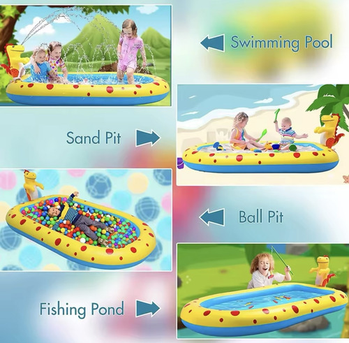 Piscina Alberca Inflable De Dinosaurio Con Rociador Amarillo