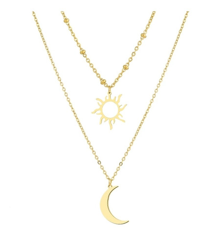 Imagen 1 de 9 de Collar Multicapa Doble Dije Sol Y Luna Acero Baño De Oro