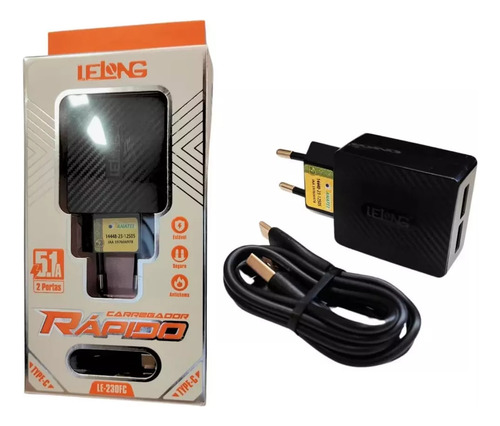 Carregador Celular Lelong Tipo C 5.1 2 Portas Carrega Rápido