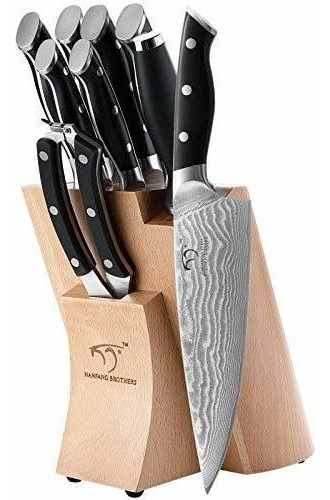 Cuchillos Cocina Estilo Damasco 9 Piezas Con Bloque De Haya 