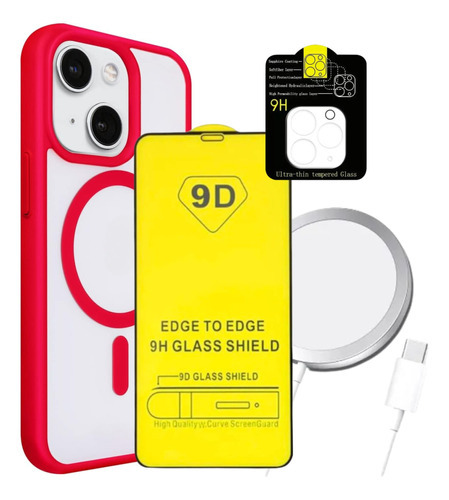 Kit Funda Cargador Mica Camara Pantalla Para iPhone Magsafe Color iPhone 14 Rojo