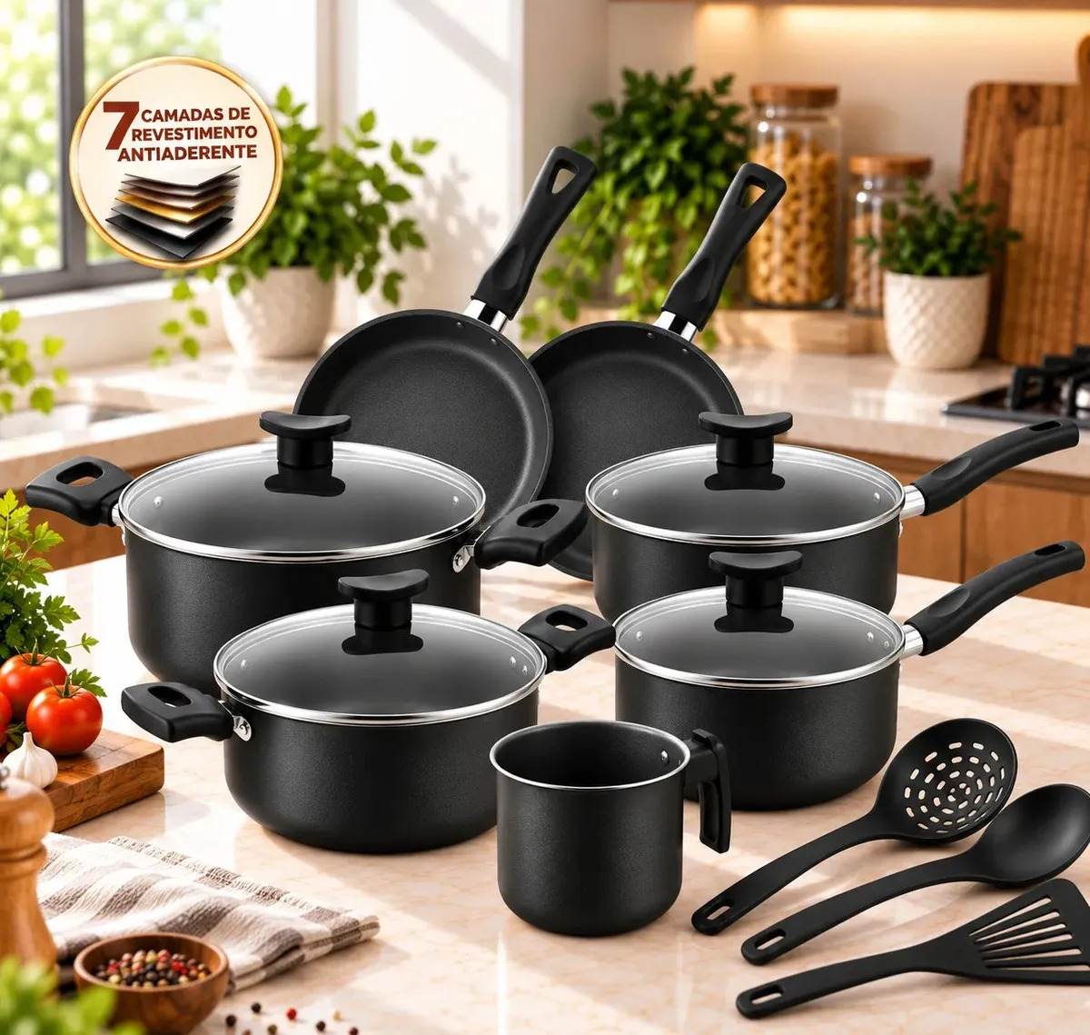Jogo de Panelas Antiaderente 7 Camadas 10 Peças Kit Cozinha Casa Nova com Tampas de Vidro, Caçarolas, Frigideiras Fundas, Fervedor Leiteira e Utensílios Conjunto Compacto Dia a Dia Preto