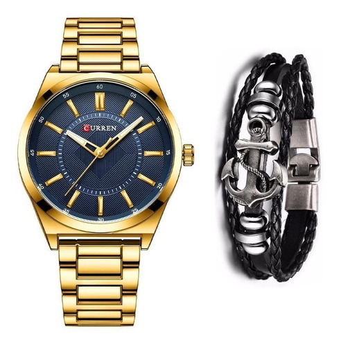 Relógio Masculino Curren Casual Dourado Luxo + Bracelete Cor do bisel Azul Cor do fundo Azul-escuro