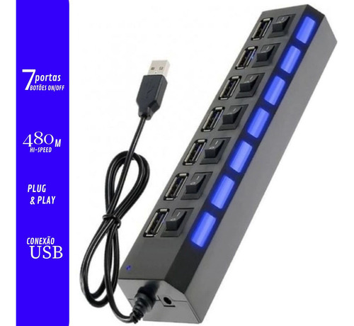 Hub 7 Portas Usb 2.0 Led C/ Chave Seletora Entrada P/ Fonte