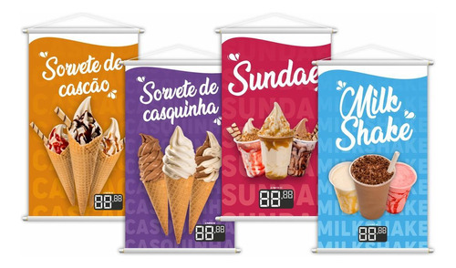 Banners Sorvete Casquinha Sundae Milk Shake Grande Kit 4 Pçs