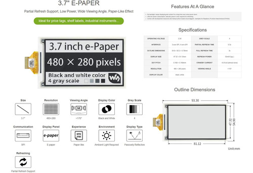 Waveshare De 3.7 Pulgadas E-paper E-tink Pantalla Raw Compat