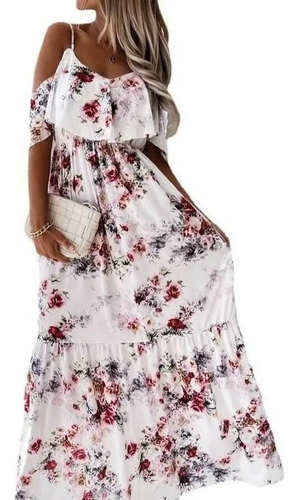 Vestido Maxi Estampado Floral Con Hombros Descubiertos