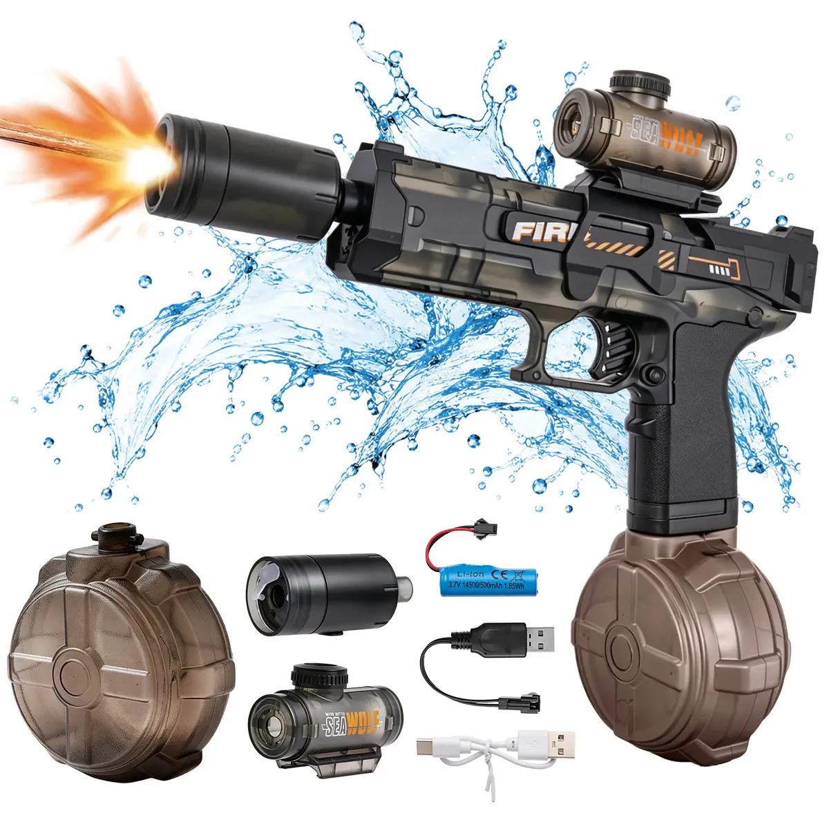 Rovtop Pistola de Agua Eléctrica Recargable USB para Niños con Luz LED, Disparo Automático Continuo, Boquilla Luminosa, Mira Decorativa Desmontable, Juguete de Verano para Piscina,