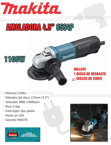 Amoladora Angular 115mm 1100w Makita 9564p + 11 Discos