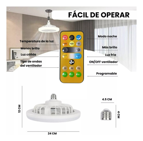 Ventilador Techo Abanico Socket Fijo E27 Luz Led 3 Tonos