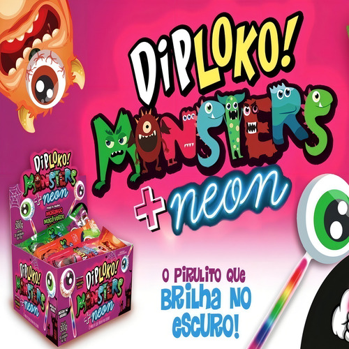 Pirulito Diploko Brilha No Escuro Monsters Olho Neon C/ 15
