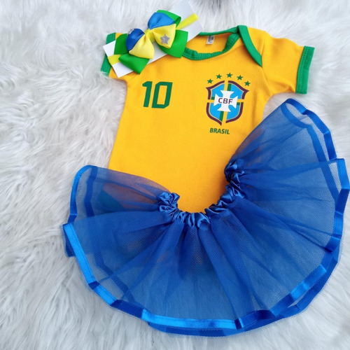 Kit Body Temático Brasil Com Saia Tule E Laço Copa Hexa Top