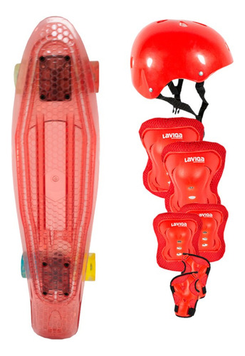 Kit Juvenil Patineta Penny Transparente Led + Protecciones Color de las ruedas Rojo/Rojo
