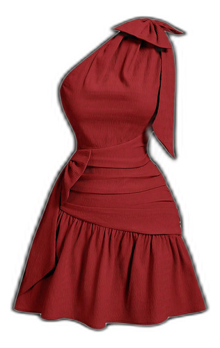 Vestido Mini De Cintura Corta Con Cuello Asimétrico Y Corba