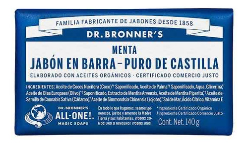 Dr. Bronner´s Jabón Puro De Castilla Barra Aroma Menta 140g