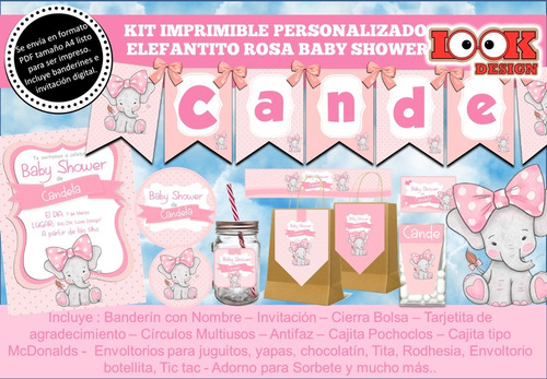 Kit Imprimible Candybar Elefantito Rosa Baby Personalizado