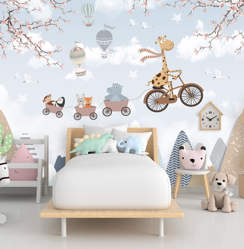 Papel De Parede Quarto Bebe Safari Balões Infantil Wt-02 M²