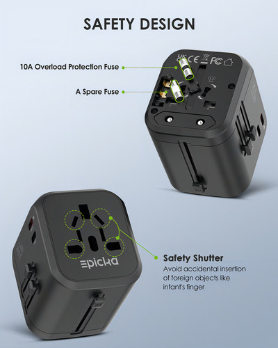 Epicka Adaptador de Viaje Universal Adaptador Internacional de Enchufes Con Doble Toma de Corriente Ac 2 Usbc de Carga Rápida Pd 35w y 3 Usba Cargador de Pared Mundial Todo en uno Ta205 Negro 127V