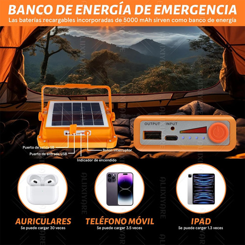 Foco Luz Led Exterior Lámpara Solar Recargable Portátil Ip66