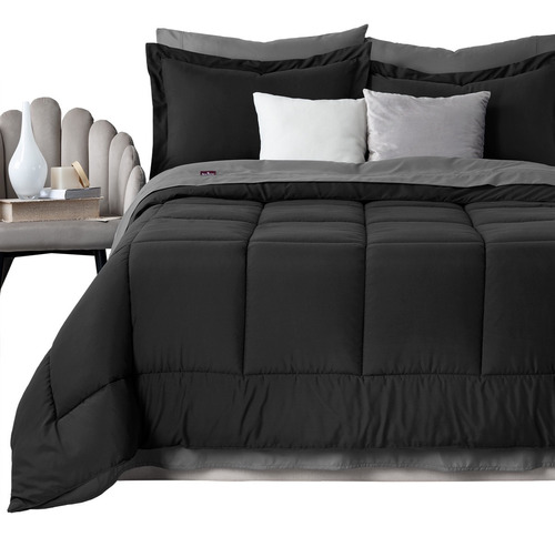 Set 7 Pzas. Edredón King Size +Fundas de almohada + Juego de Sabanas Real Textil Negro/Gris