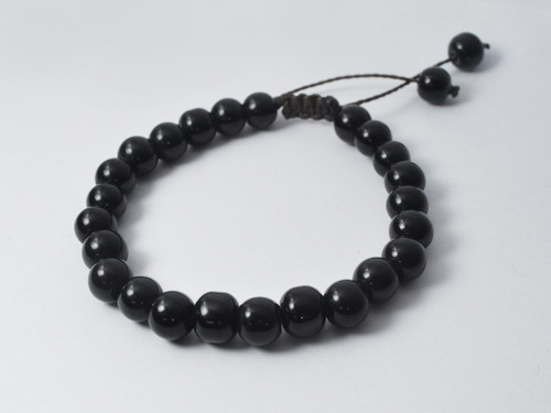 Pulseira De Bolinha Pedra Ônix 8mm Brilhante Regulável Diâmetro 18 Cm