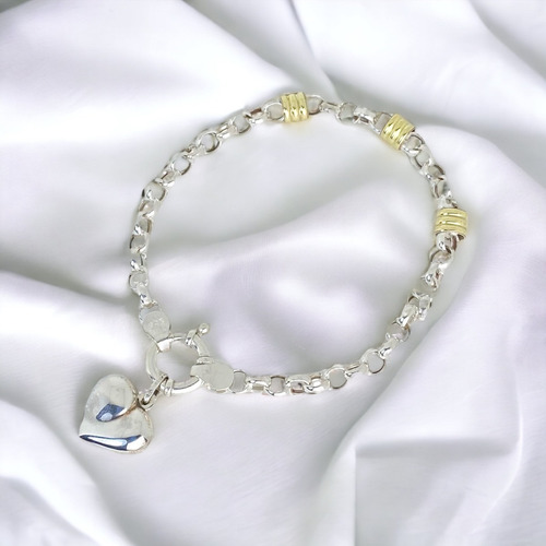 Pulsera Rolo Plata Y Oro Con Dije Corazón Plata 925 (br02)