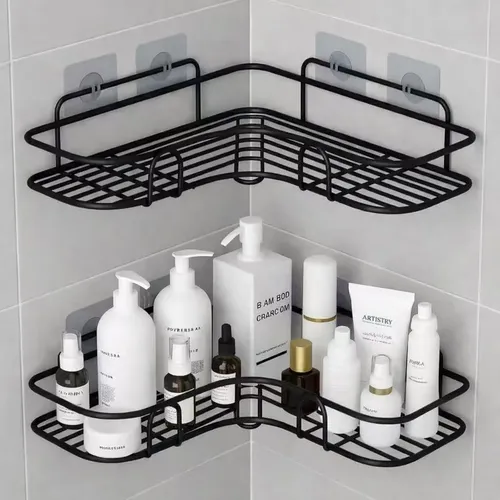Kit 2 Suporte Porta Shampoo Sabonete De Canto Banheiro Adesi Preto - Médio