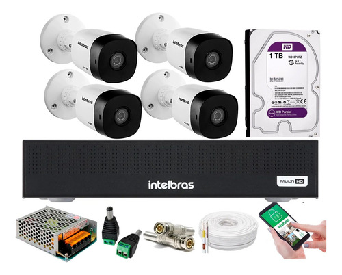 Kit Intelbras 4 Cam 1220b G4 Full Hd 1080p 2m Dvr 4 Mhdx 3104 Fullhd 1080p Intelbras Hd 1 Tb Wd Purple Homologado