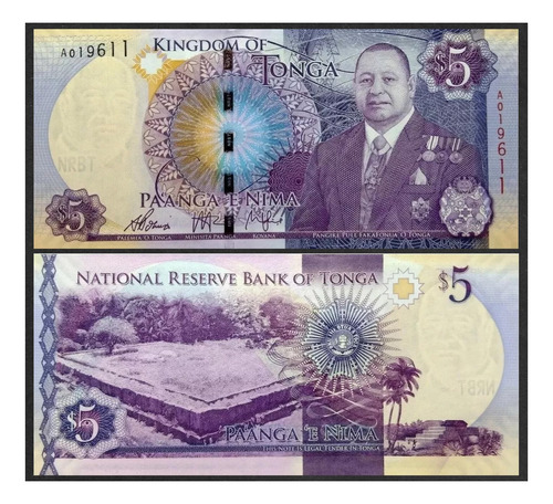 Grr-billete De Islas Tonga 5 Pa'anga 2015 - Rey Tupou Vi