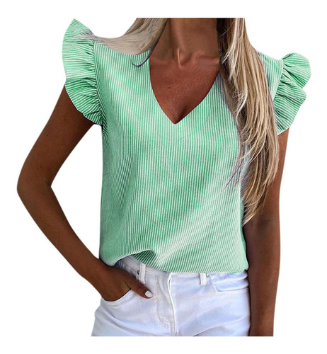 Tops De Mujer Verano A Rayas Con Cuello En V Volantes Sin Ma
