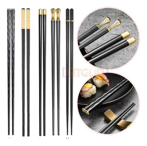 X5 Pares Palillos Chinos Negro Metal Chopstick Sushi Japones