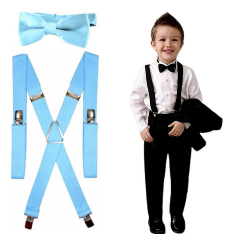 Paquete Especial 17 Tirantes Con Moño Ajustables Para Niño Azul Cielo Liso