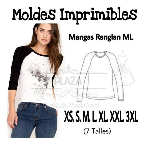 Moldes Patrones Imprimibles Remera Raglan Ml Xs Al 3xl