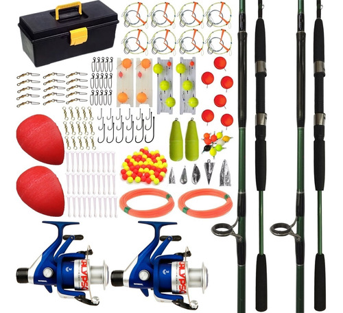 Kit Pesca Completo 2 Reel + 2 Caña 2.40 Mt De 2 Tramos + Caja Completa Con Anzuelos Lineas Perlas Plomadas Mosquetones