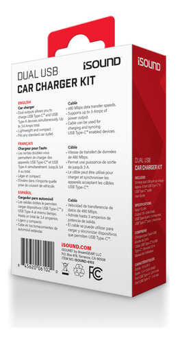 Cargador Para Auto Con 2 Puertos & Cable Type-c - Isound