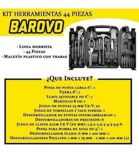 Imagen 4 de 9 de Caja Set Kit 44 Herramientas Manuales Maletin Barovo