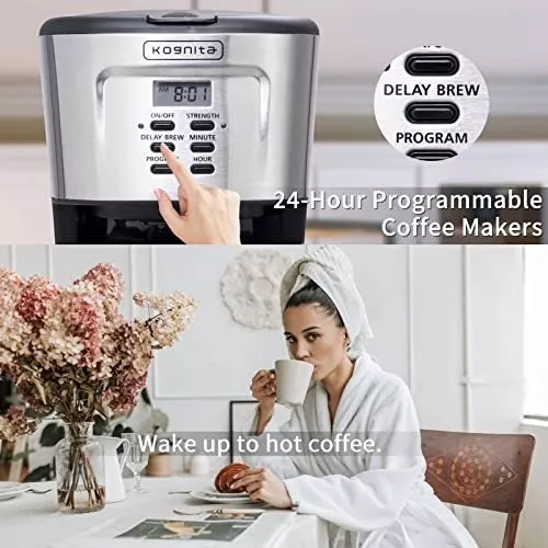  Cafetera de 12 tazas, máquina de café programable y máquina de  té helado con jarra de vidrio, cafetera de goteo, mantiene el calor  automático, antigoteo, control de fuerza, cafetera pequeña de